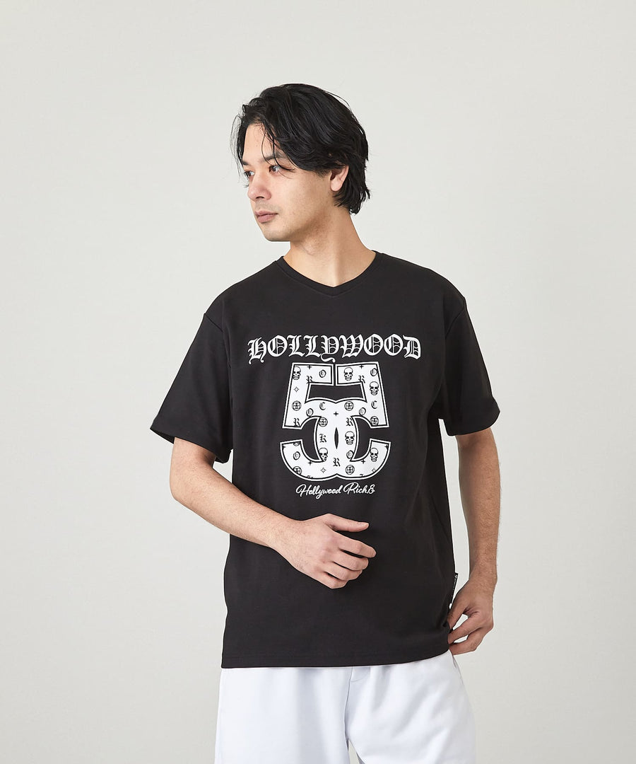 【Hollywood Rich. &】(ハリウッドリッチ) 203314 ナンバリング浅Vネック半袖Tシャツ