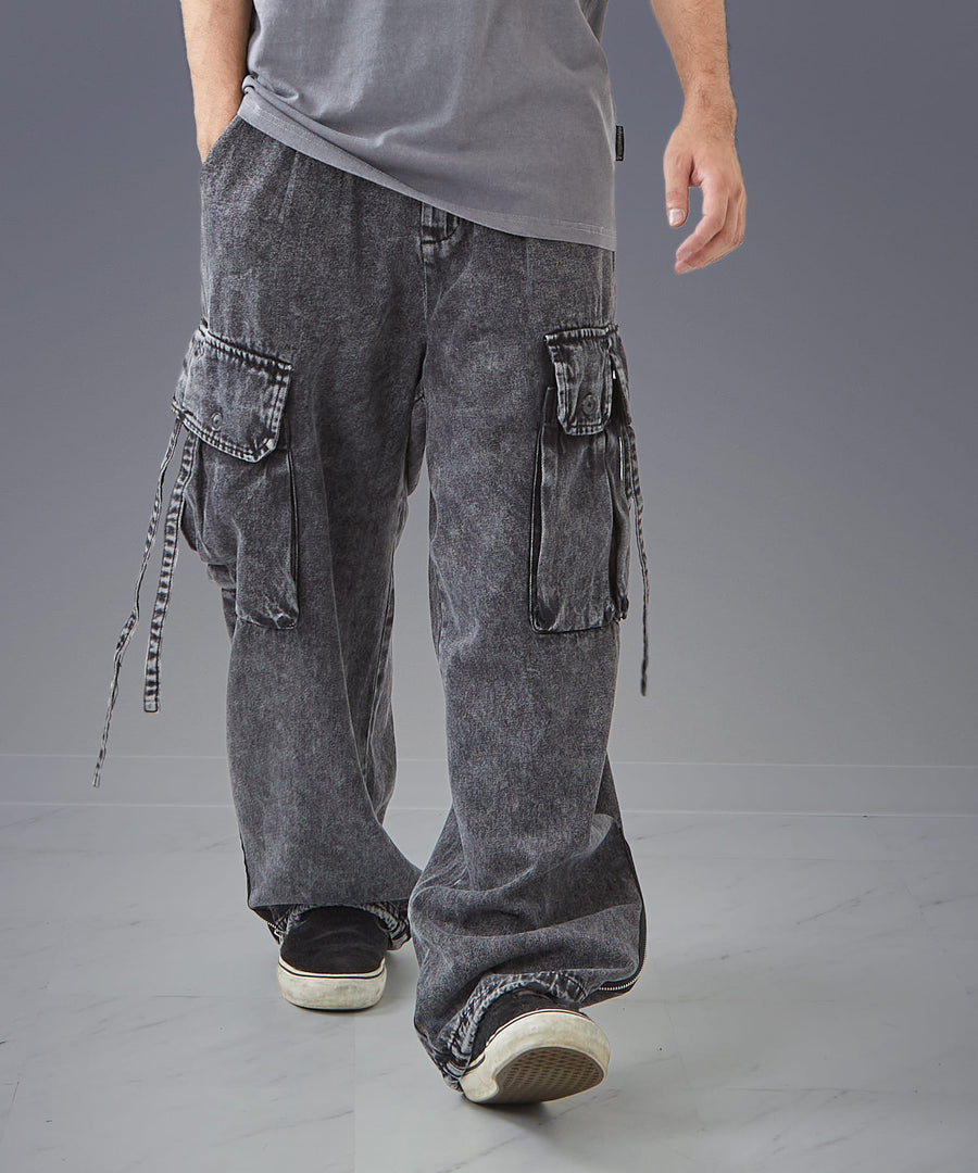 Time-Stained Over-Dye Denim Pants — Wide Parachute / GRAND YELLS / 304201