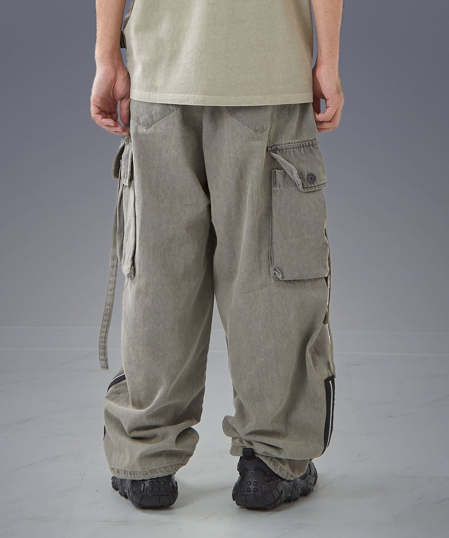 Time-Stained Over-Dye Denim Pants — Wide Parachute / GRAND YELLS / 304201