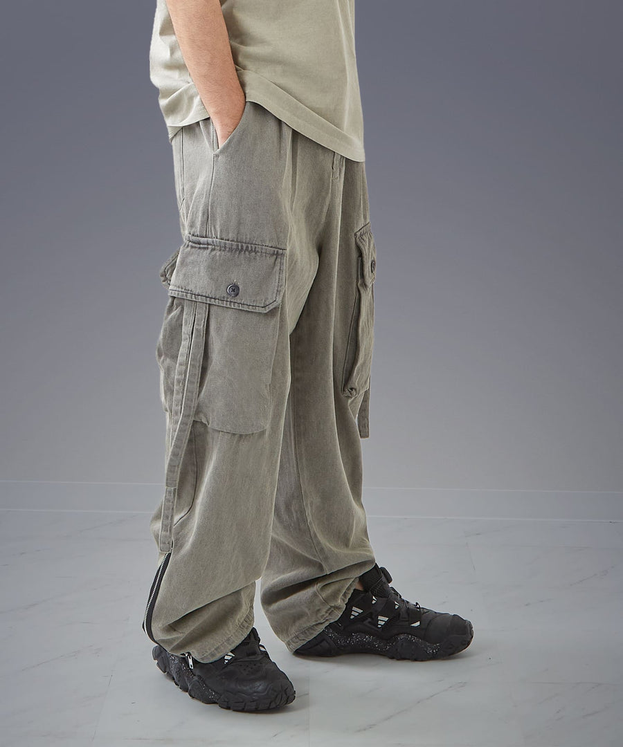 Time-Stained Over-Dye Denim Pants — Wide Parachute / GRAND YELLS / 304201