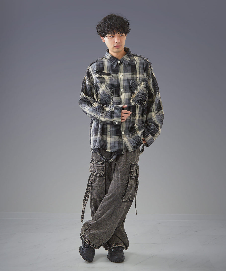 Time-Stained Over-Dye Denim Pants — Wide Parachute / GRAND YELLS / 304201