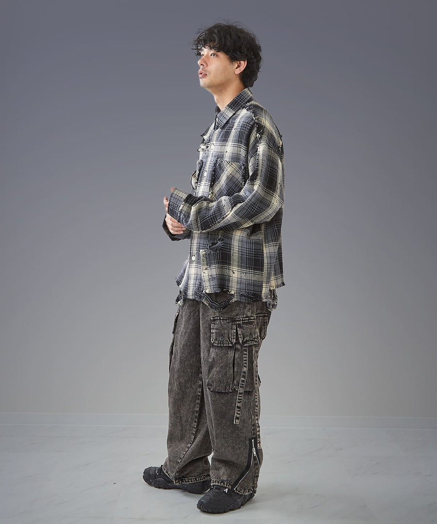 Time-Stained Over-Dye Denim Pants — Wide Parachute / GRAND YELLS / 304201