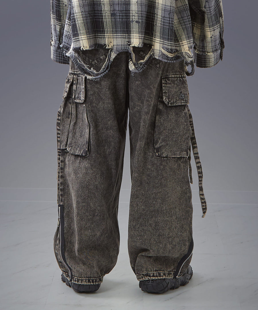 Time-Stained Over-Dye Denim Pants — Wide Parachute / GRAND YELLS / 304201