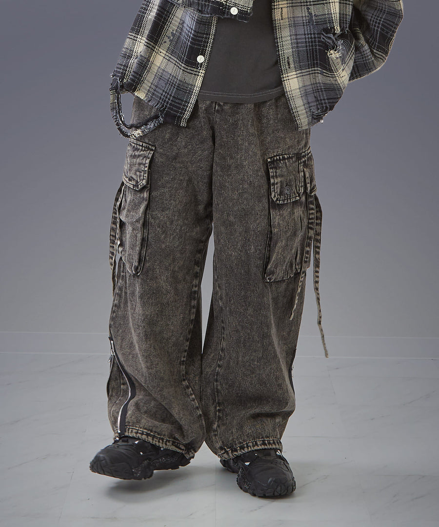 Time-Stained Over-Dye Denim Pants — Wide Parachute / GRAND YELLS / 304201