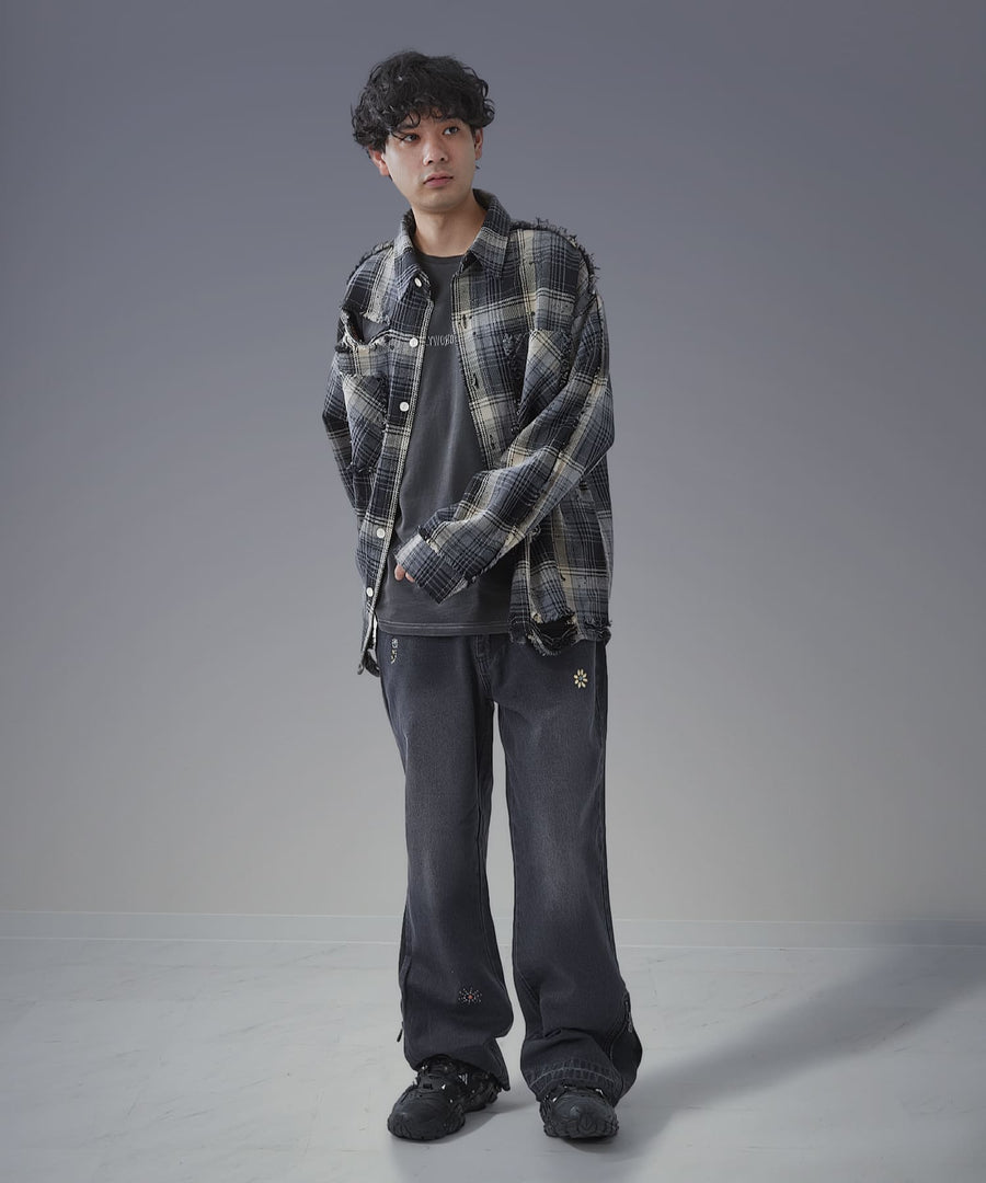 Moon Washed Studded Denim — Side Zip Flare Pants / GRAND YELLS / 303201B