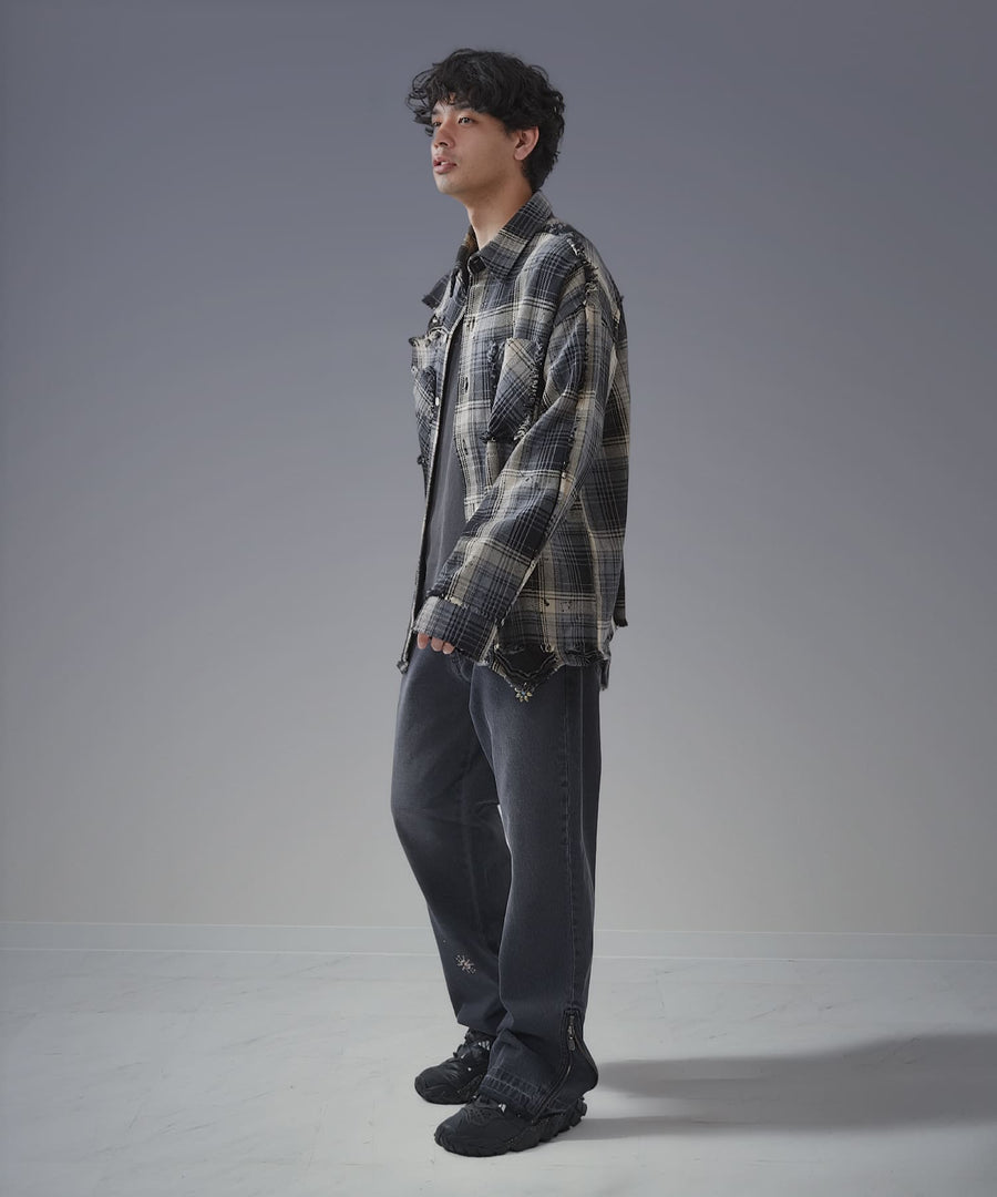 Moon Washed Studded Denim — Side Zip Flare Pants / GRAND YELLS / 303201B