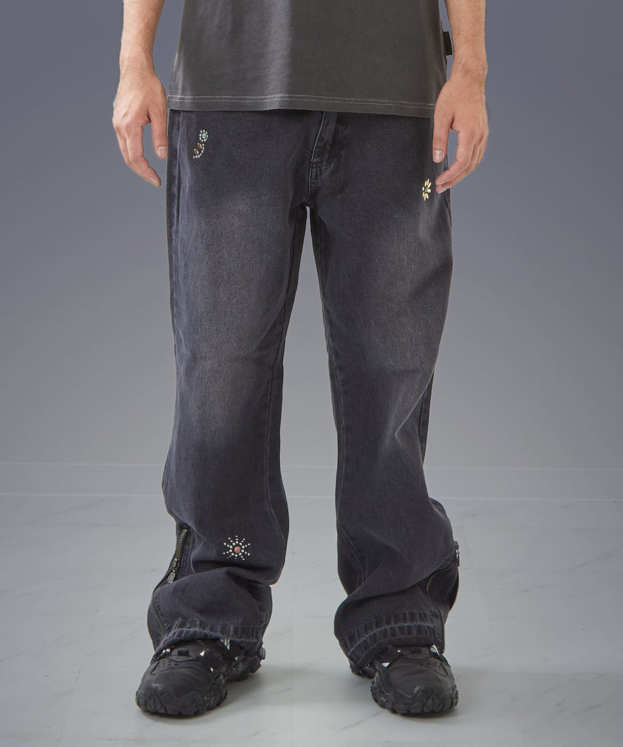 Moon Washed Studded Denim — Side Zip Flare Pants / GRAND YELLS / 303201B