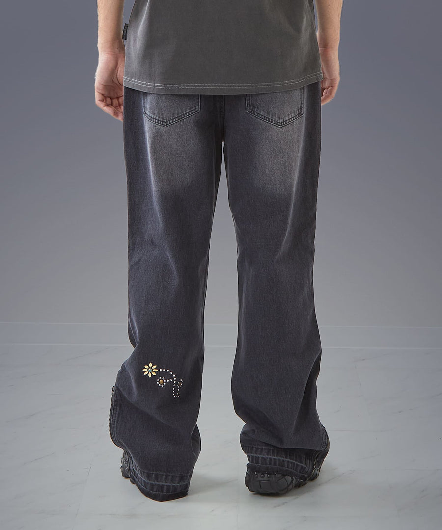Moon Washed Studded Denim — Side Zip Flare Pants / GRAND YELLS / 303201B