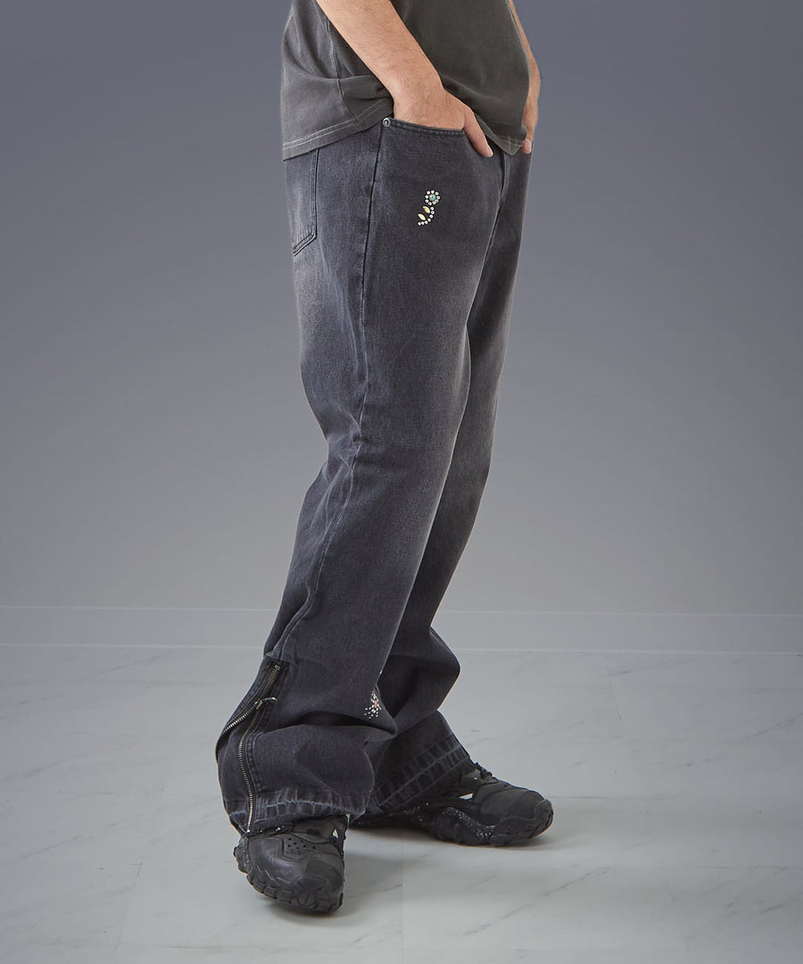 Moon Washed Studded Denim — Side Zip Flare Pants / GRAND YELLS / 303201B