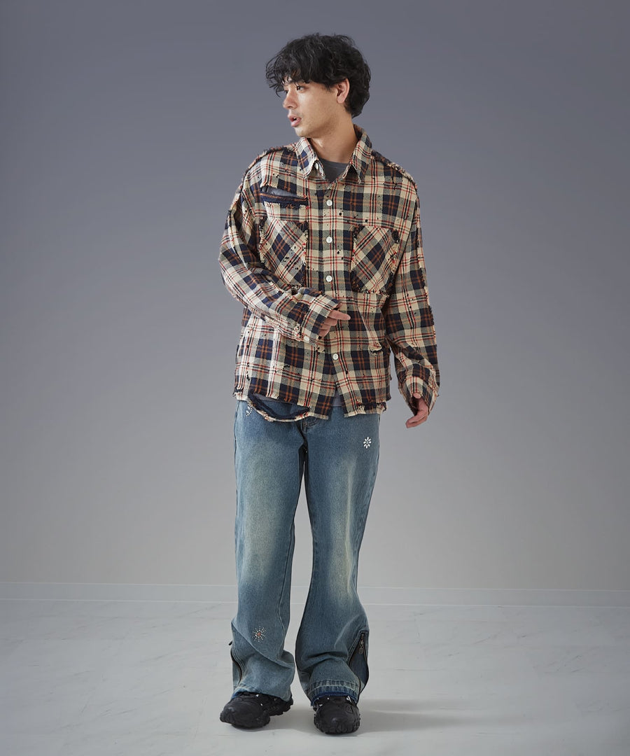 Moon Washed Studded Denim — Side Zip Flare Pants / GRAND YELLS / 303201B