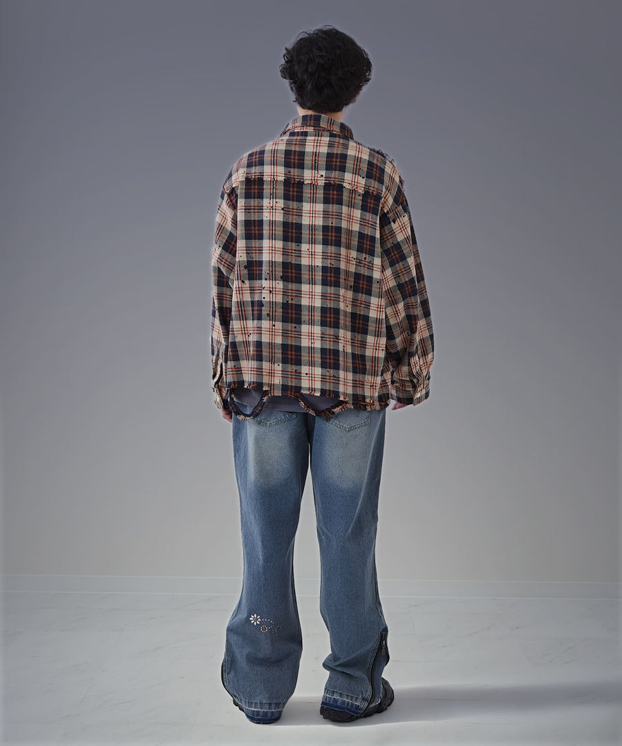 Moon Washed Studded Denim — Side Zip Flare Pants / GRAND YELLS / 303201B