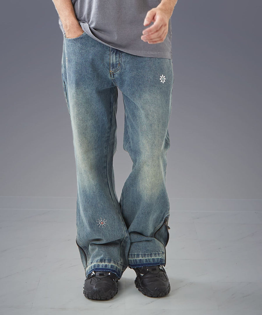 Moon Washed Studded Denim — Side Zip Flare Pants / GRAND YELLS / 303201B