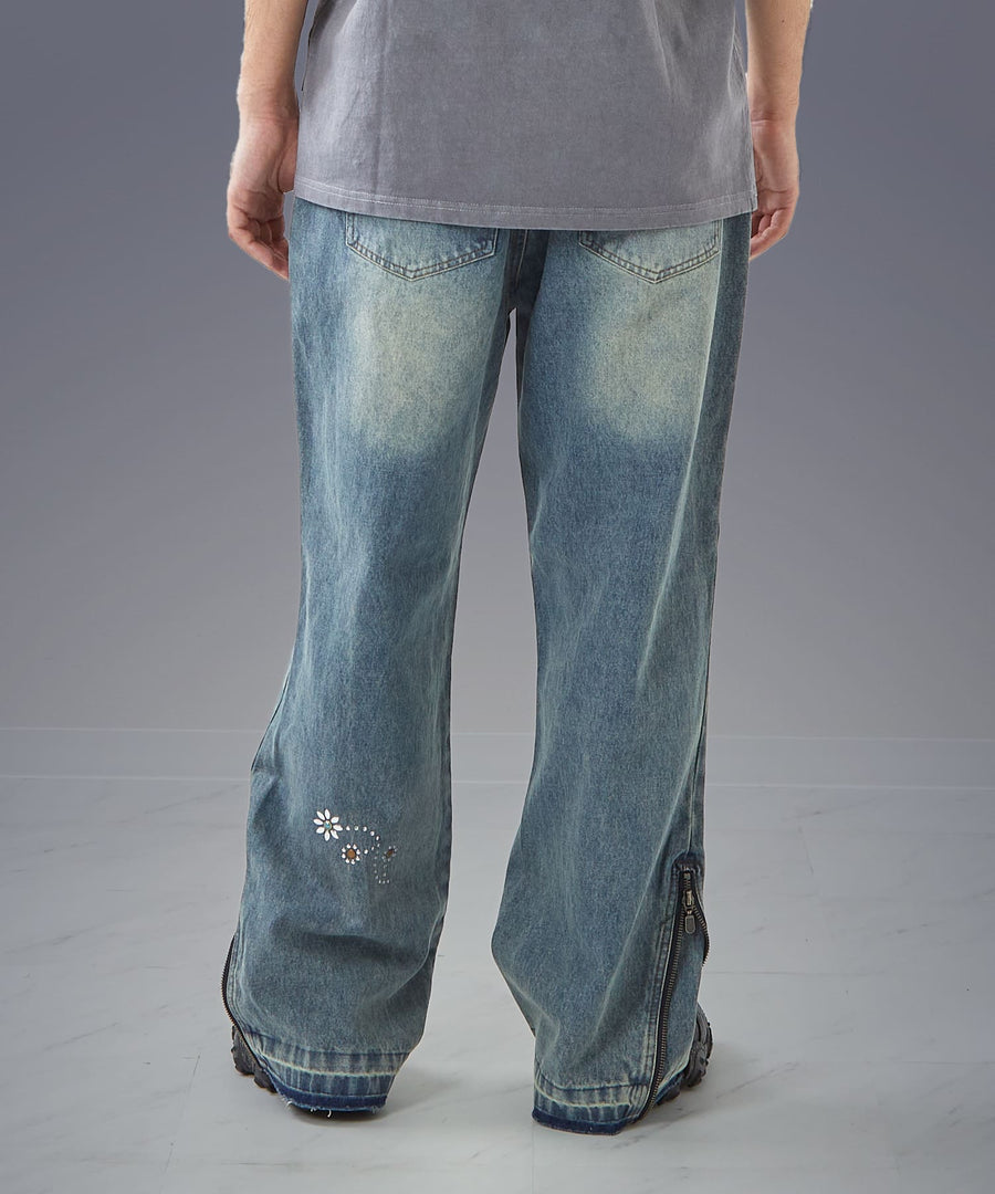 Moon Washed Studded Denim — Side Zip Flare Pants / GRAND YELLS / 303201B