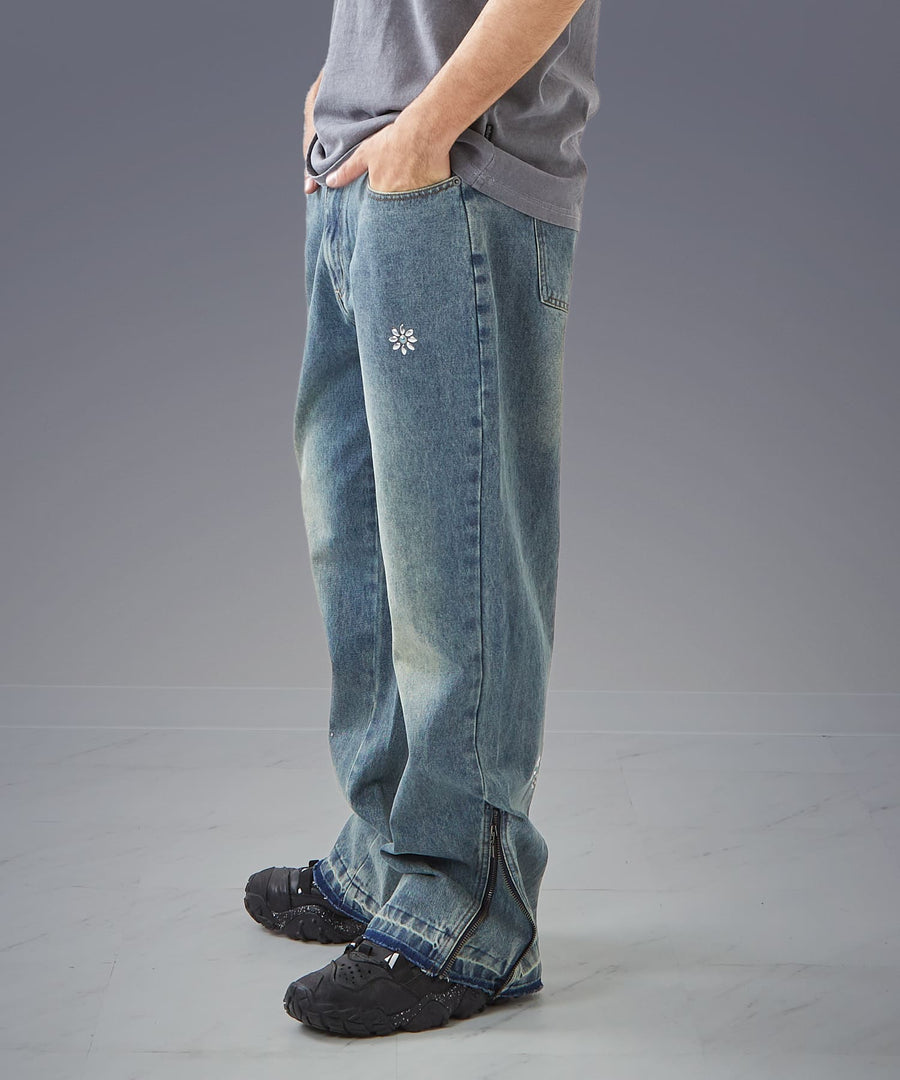 Moon Washed Studded Denim — Side Zip Flare Pants / GRAND YELLS / 303201B